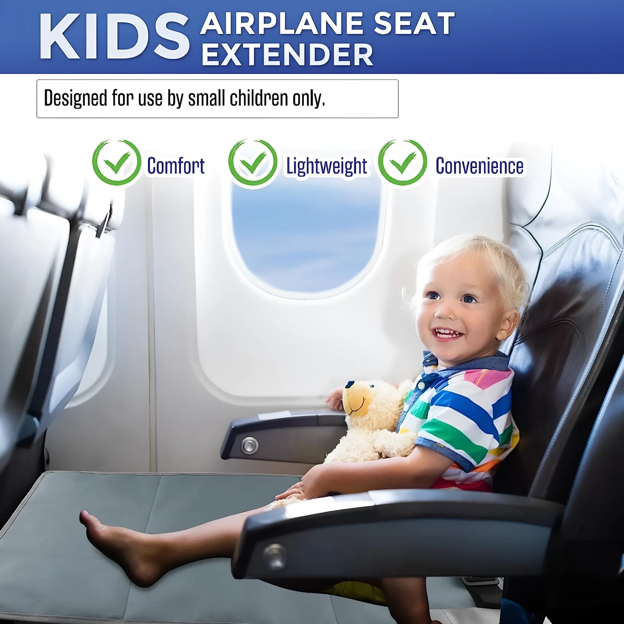 Portable children's aircraft pedal seat extender with detachable storage pocket in blue colour