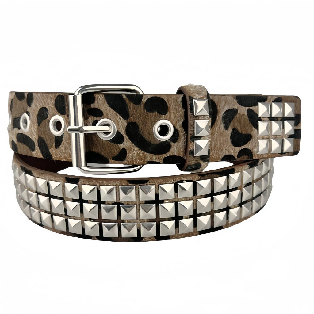 Women's punk fashion belt with metal pyramid studs in leopard print pattern, showing alloy buckle and PU leather strap.