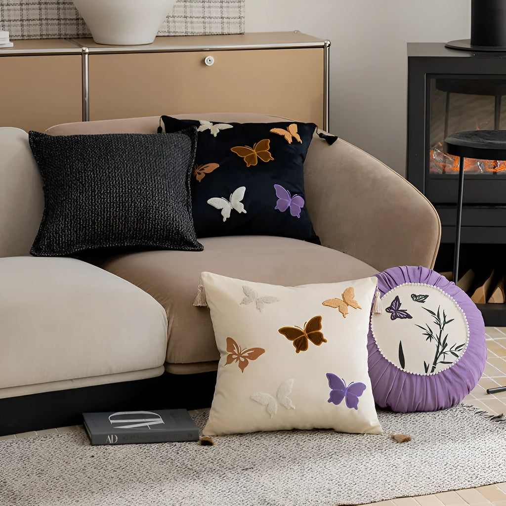 Square 45x45 cm cushion with Chinese style butterfly embroidery in beige, black, or purple