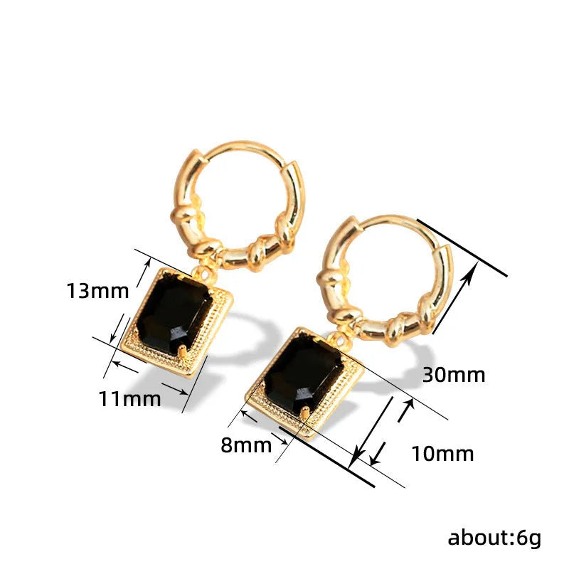 Women's geometric copper earrings with black zircon stones in French court retro style