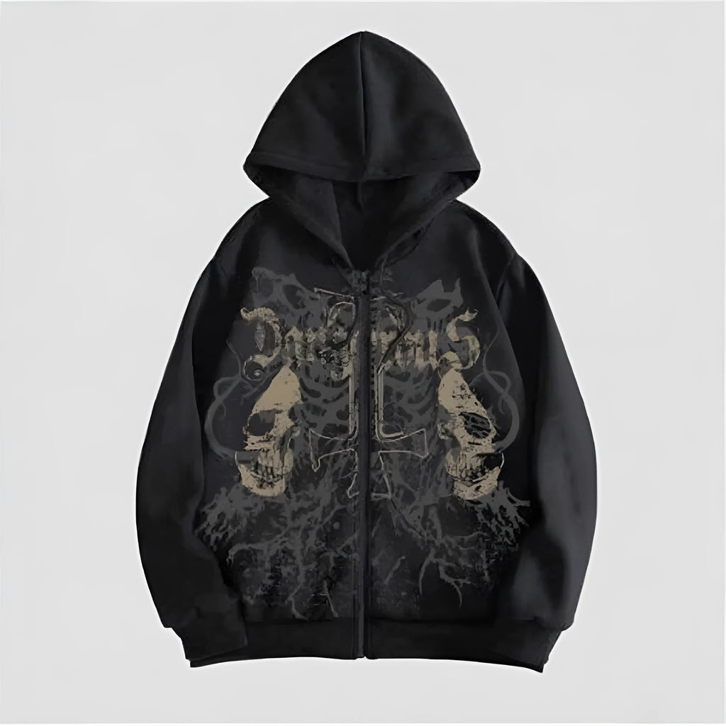 Black men's hooded sweatshirt with a detailed skull pattern print on the front, featuring long sleeves.