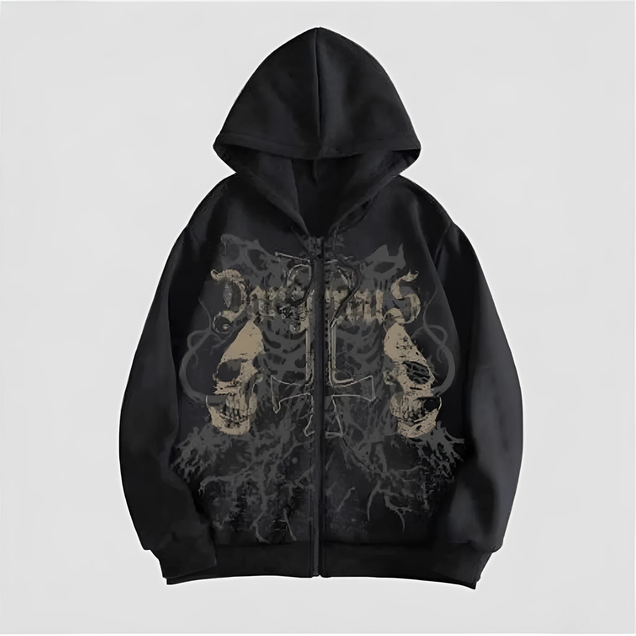 Black men's hooded sweatshirt with a detailed skull pattern print on the front, featuring long sleeves.