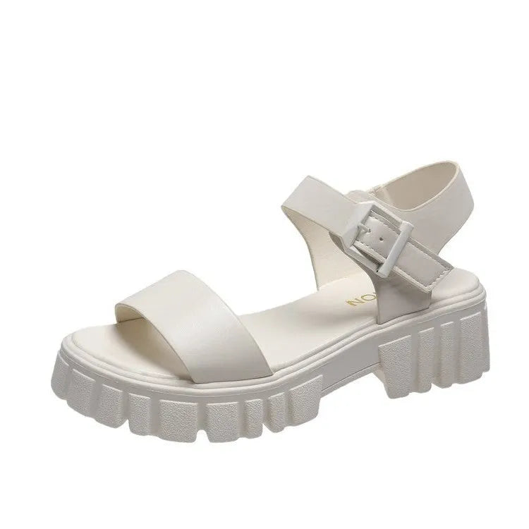 Women's beige peep toe platform sandals with ankle-strap buckle on foot