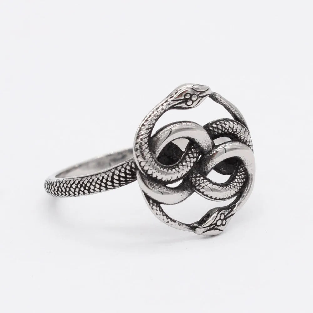 Titanium steel retro double snake ring in steel colour shown on finger
