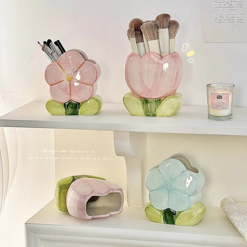 Ceramic flower pen holder storage box with floral patterns in blue, pink and purple colour variations