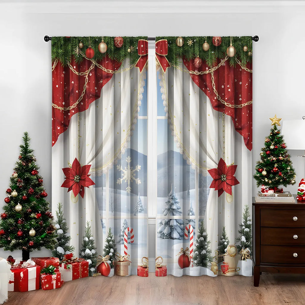 3D digitally printed Christmas curtain pair showing festive patterns on polyester fabric with sunshade properties