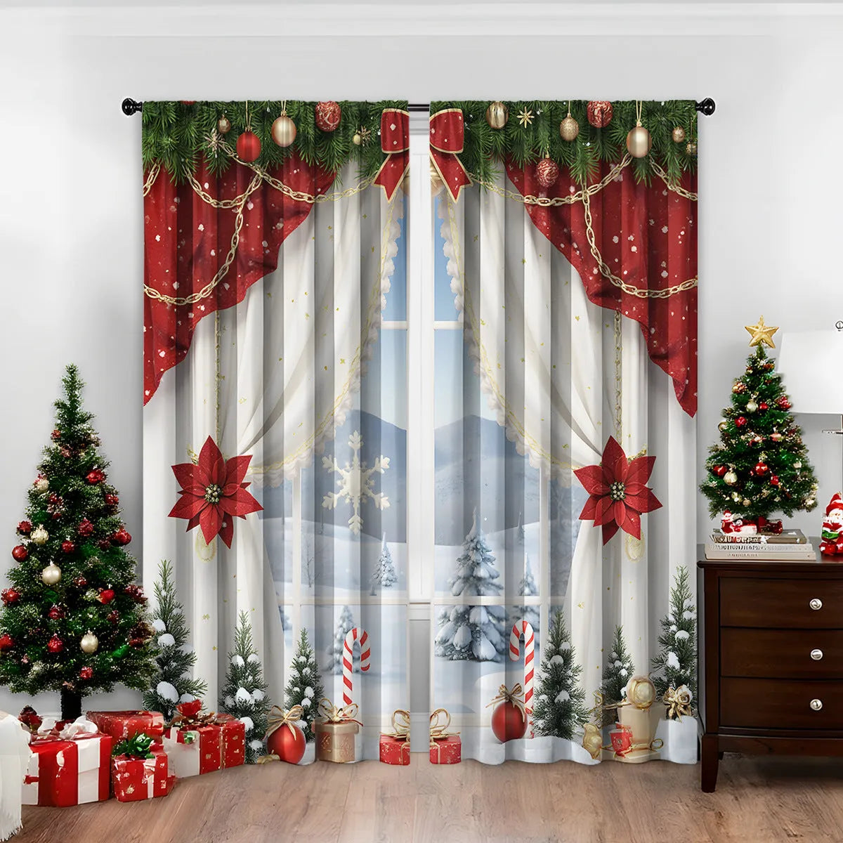 3D digitally printed Christmas curtain pair showing festive patterns on polyester fabric with sunshade properties