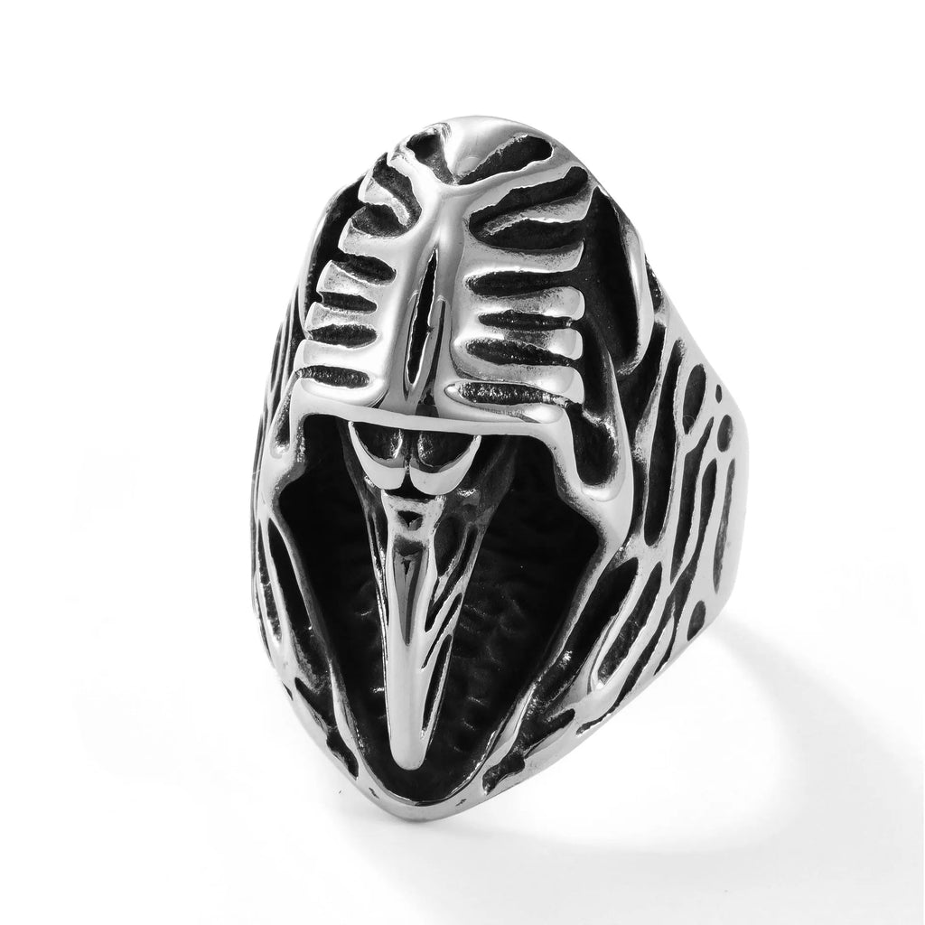 Titanium steel geometric crow punk ring in MR166 colour showing retro animal styling