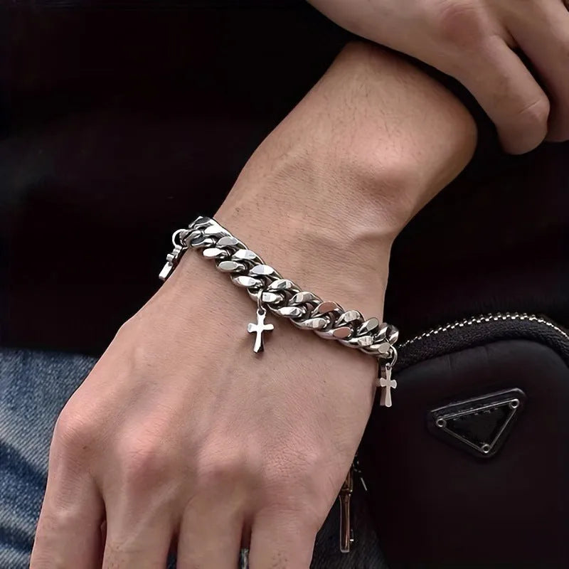 Men's titanium steel geometric bracelet with cross design on wrist