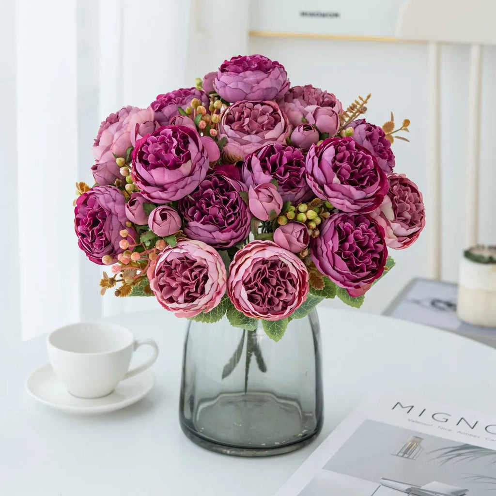 Artificial peony bouquet silk flower arrangement champagne sand red colour 30cm tall