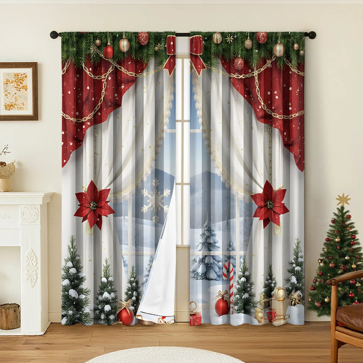 3D digitally printed Christmas curtain pair showing festive patterns on polyester fabric with sunshade properties