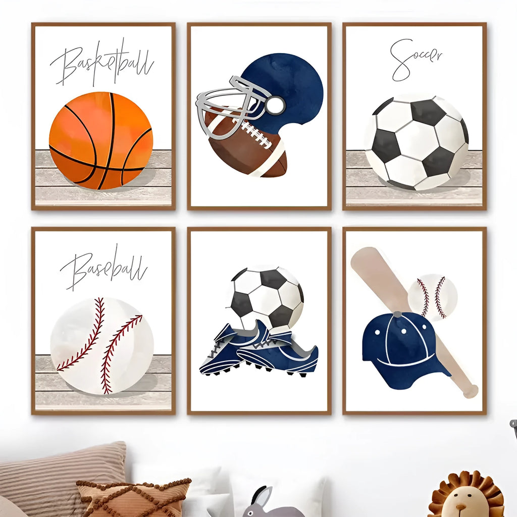Cartoon sports canvas wall art with football, basketball, and baseball tools for children's bedroom