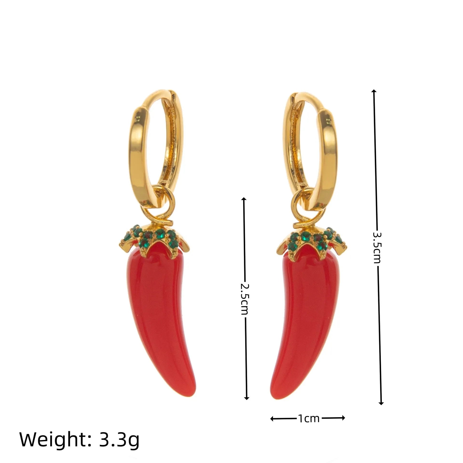Gold plated copper earrings with fruit and vegetable designs including carrot, blueberry, and chilli pepper