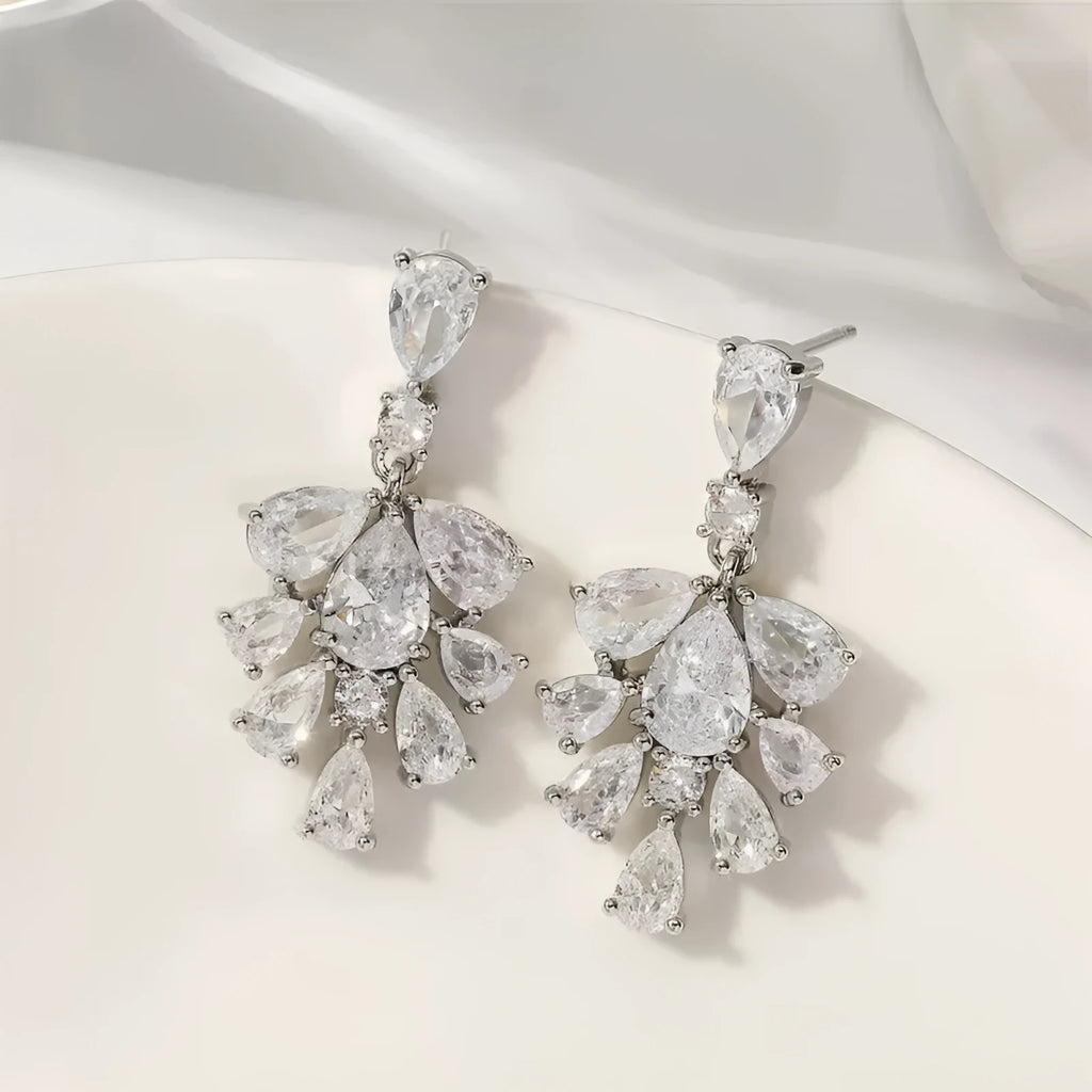 Women's AAA zircon ice flower stud earrings silver tone copper geometric studs on ear