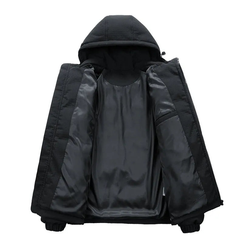 Men's black cotton-padded hooded winter coat with letter-print design and side pockets