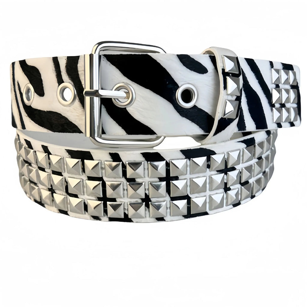 Women's punk fashion belt with metal pyramid studs in leopard print pattern, showing alloy buckle and PU leather strap.