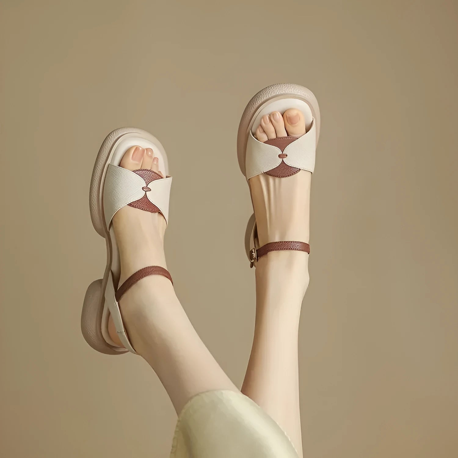 Khaki chunky heel platform open toe sandals for women made from leather