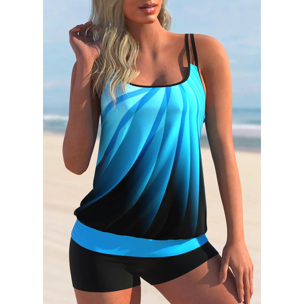 Plus size women's swimsuit set with strap top and matching shorts in butterfly pattern