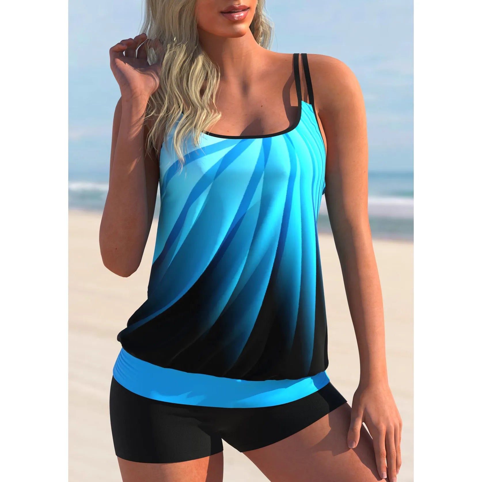Plus size women's swimsuit set with strap top and matching shorts in butterfly pattern