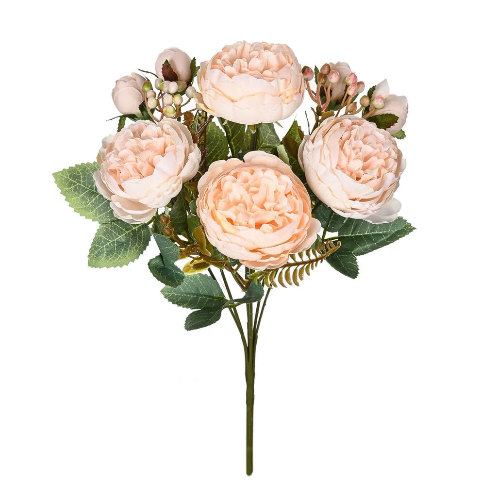 Artificial peony bouquet silk flower arrangement champagne sand red colour 30cm tall