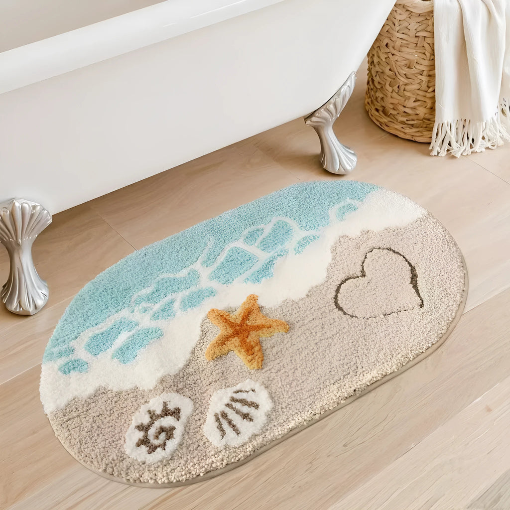 Sky sea coloured square rug with rainbow pattern, showing flat imitation cashmere texture and plastic bottom.