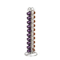 Black wrought iron coffee capsule storage rack holding pods on open shelves