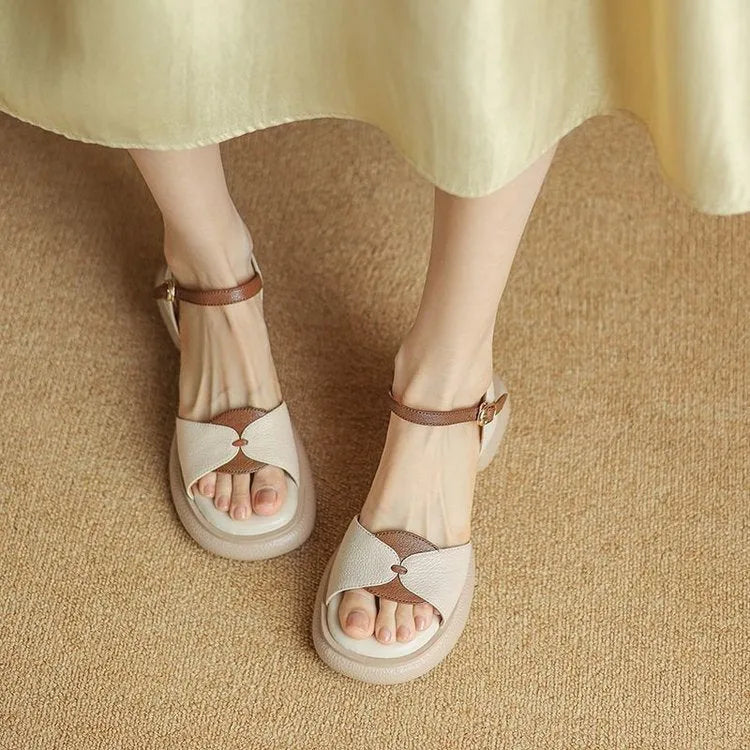 Khaki chunky heel platform open toe sandals for women made from leather