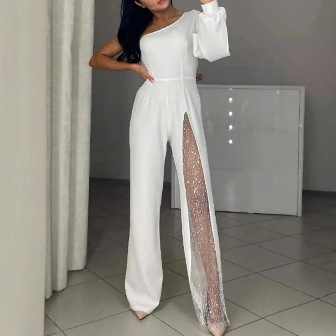 Women's sexy style polyester jumpsuit with high slit design in black, wine red, white or dark blue colours