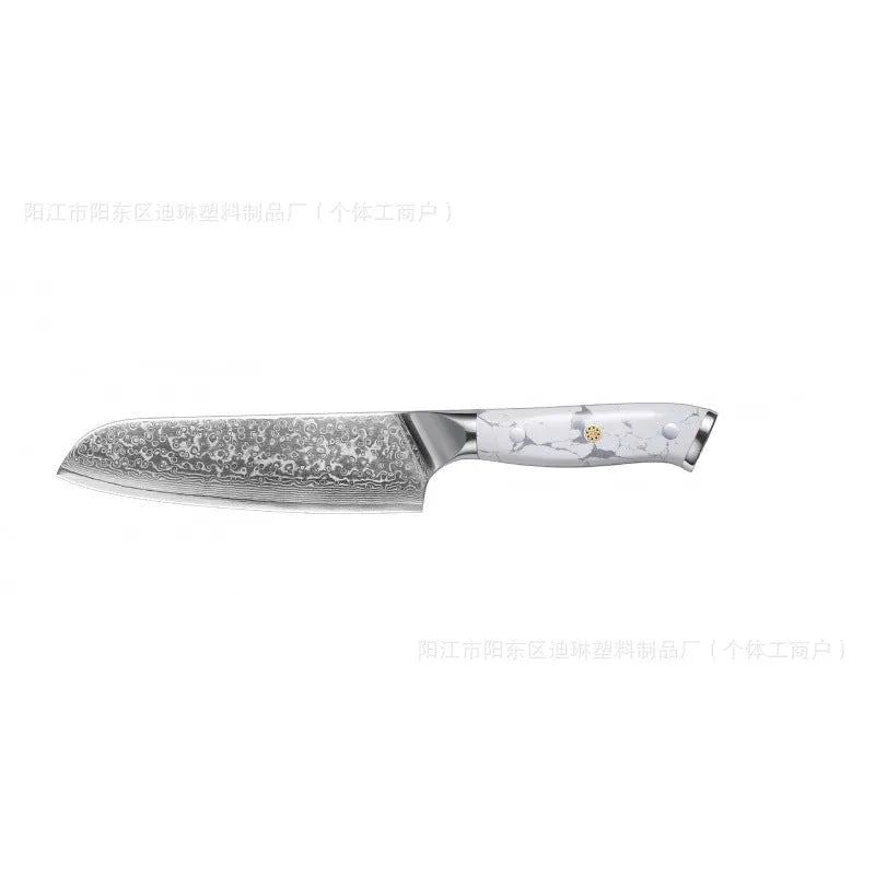 Damascus pattern chef's knife with 21cm VG10 steel blade and 11cm handle showing Japanese knife construction