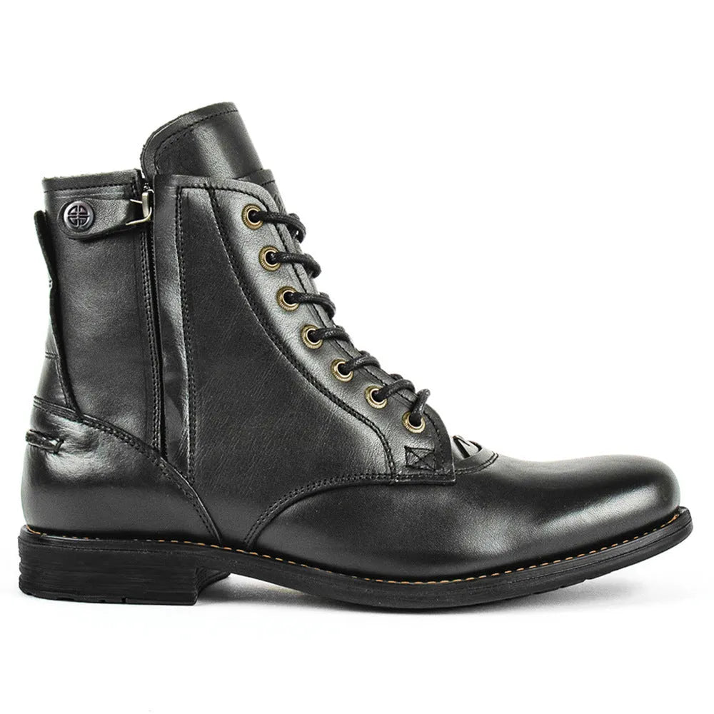 Knight Series men's black leather ankle boots with side zipper and waxed two-tone finish.