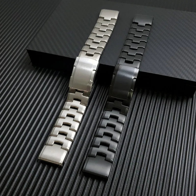 Metal watch strap for Garmin Fenix Jiaming in black, silver, titanium colours, showing 22mm and 26mm width options.