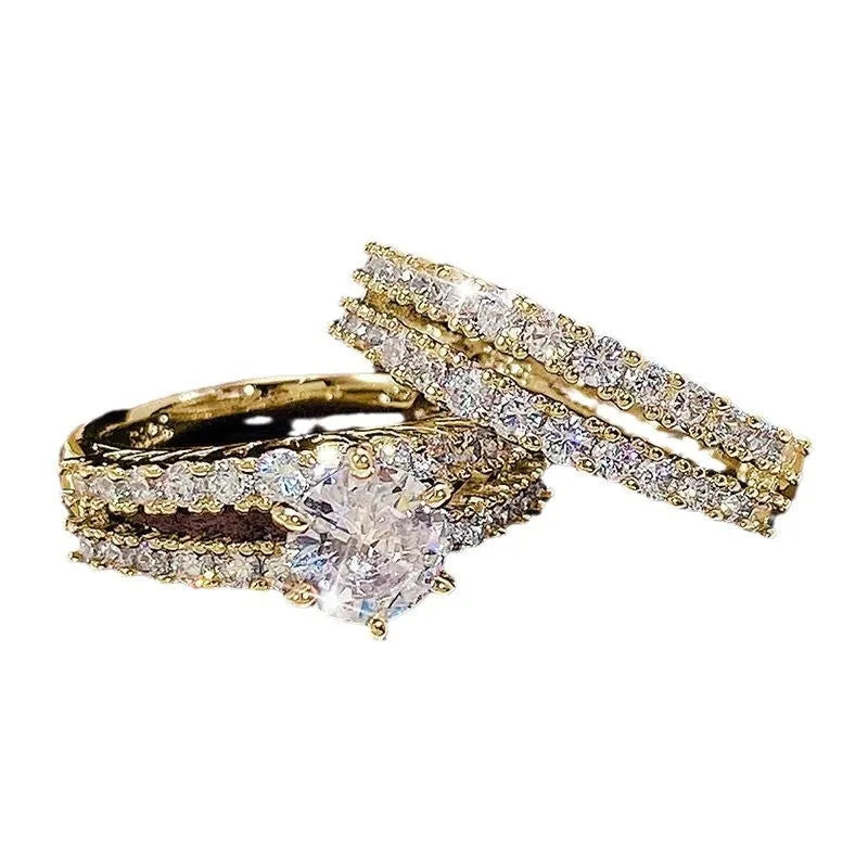 2-in-1 women's fashion ring set with fully-jewelled geometric and round designs in gold, rose gold, and silver colours