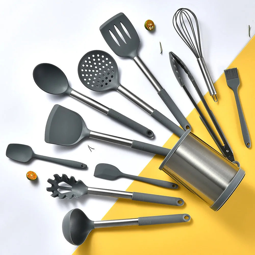 12-piece silicone kitchenware set with rotating storage bucket showing utensils in black, dark grey or khaki colours