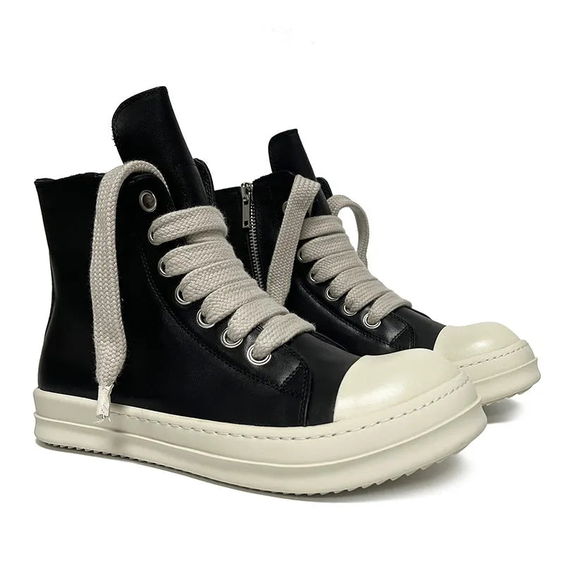 Black high-top leather sneakers with side zipper and platform sole on a white background