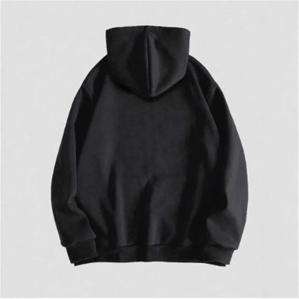Black men's hooded sweatshirt with a detailed skull pattern print on the front, featuring long sleeves.