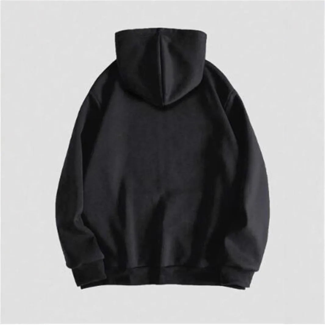 Black men's hooded sweatshirt with a detailed skull pattern print on the front, featuring long sleeves.