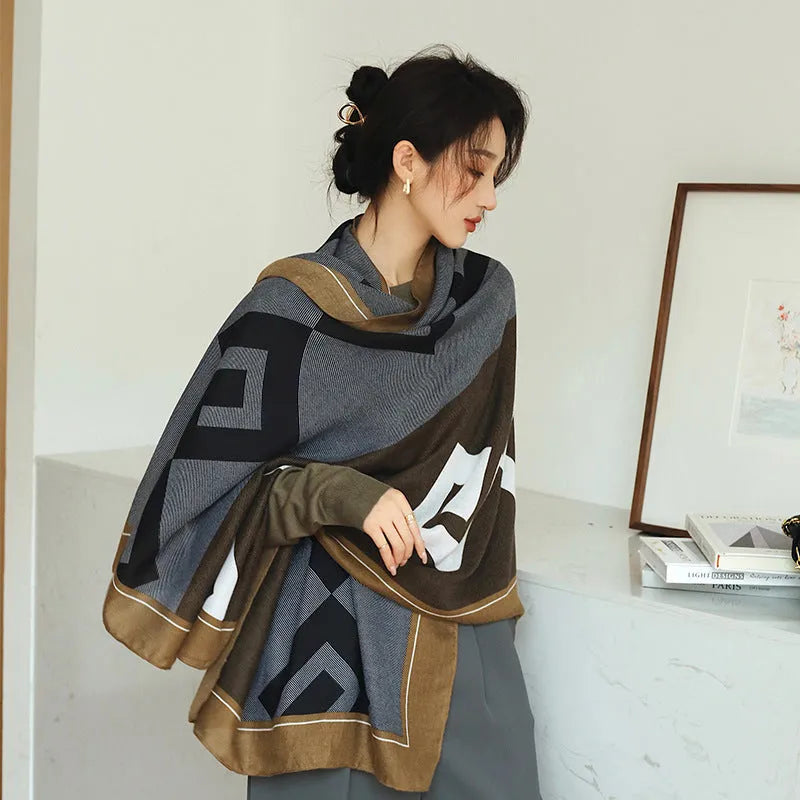 A woman wearing a printed polyester scarf, style 1, measuring 180cm by 90cm.