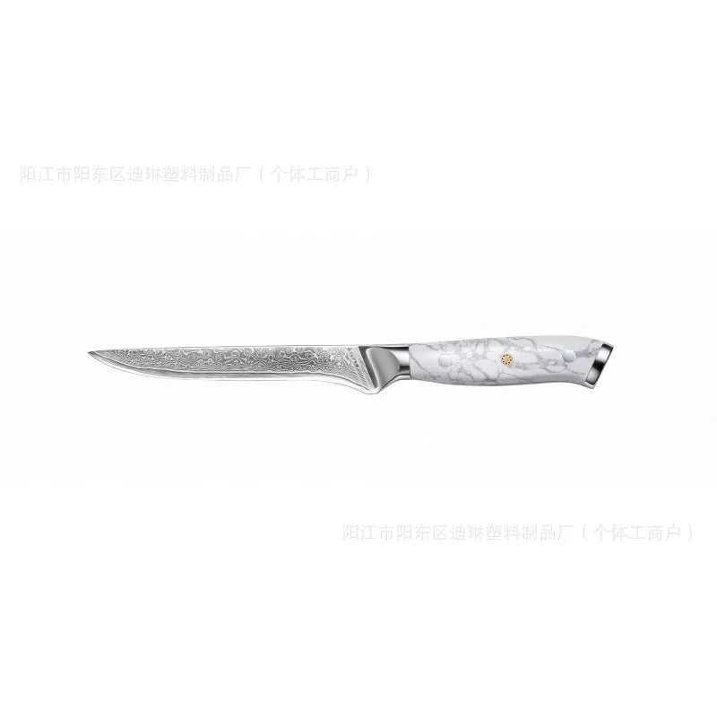 Damascus pattern chef's knife with 21cm VG10 steel blade and 11cm handle showing Japanese knife construction