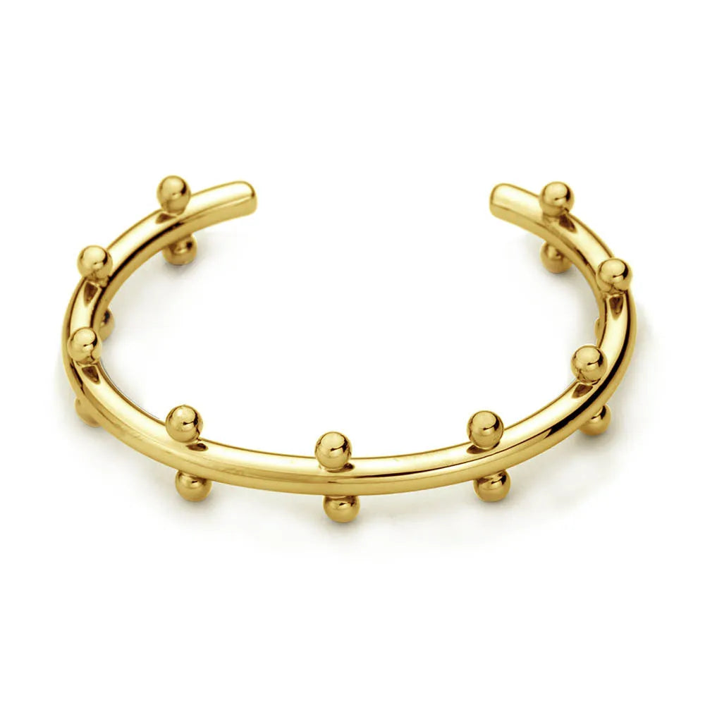 Stainless steel C-shaped bracelet with rivet-shaped bean beads and adjustable alloy chain in steel gold colour