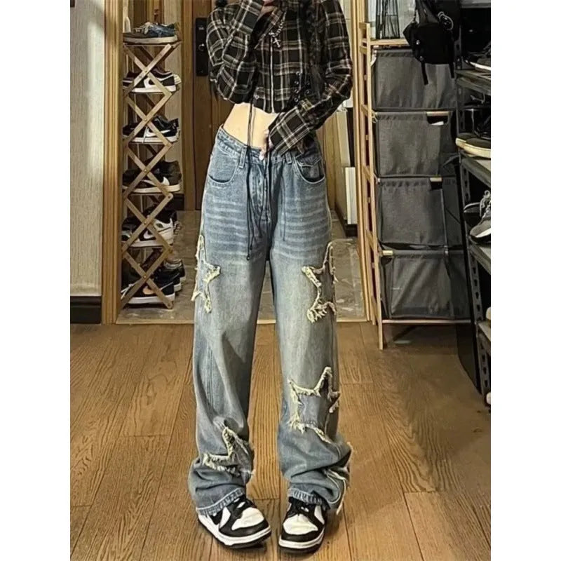 Blue women's high-waist straight-leg jeans with micro-elastic denim fabric