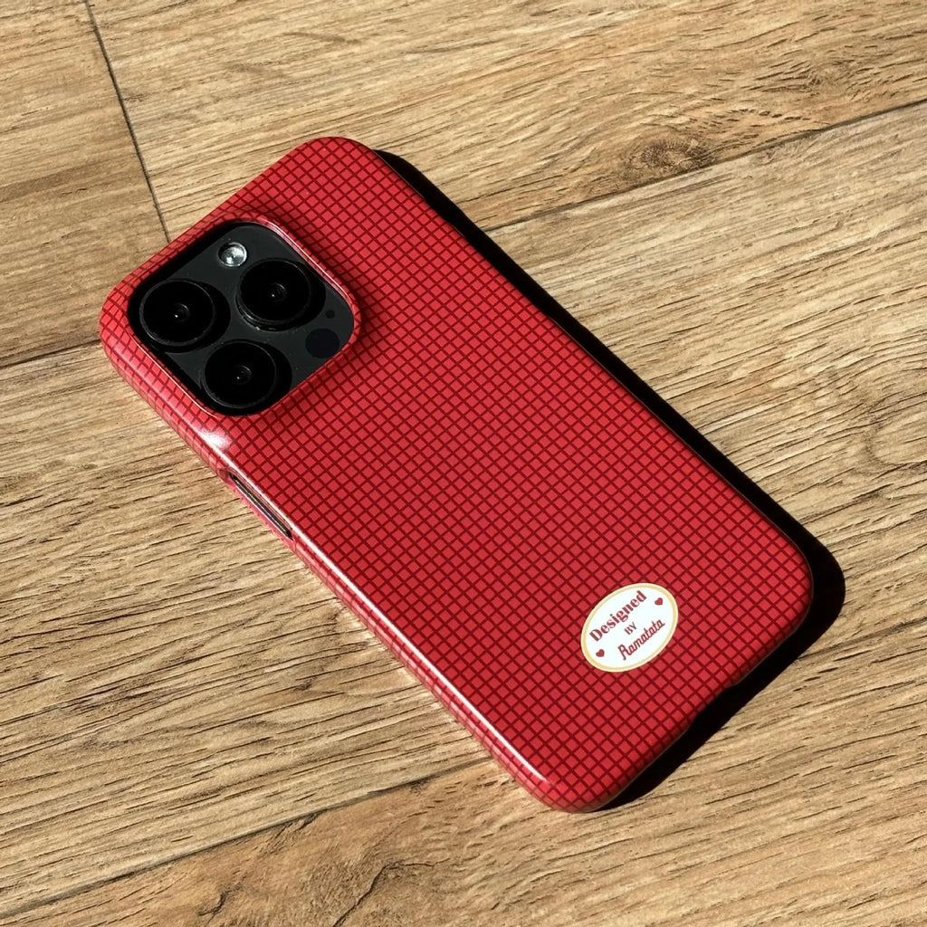 Anti-fingerprint plaid phone case for iPhone 15 Pro Max in red and orange pattern