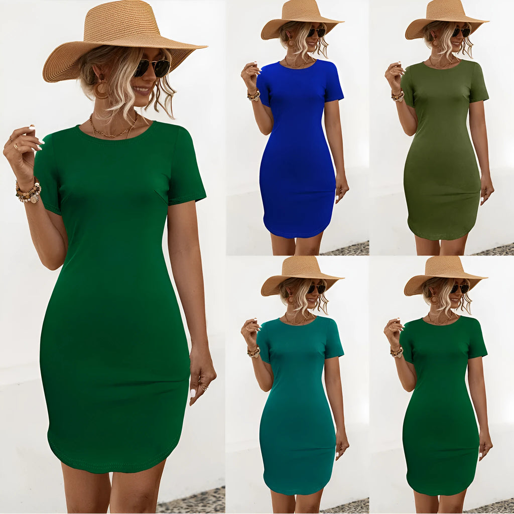 Women's slim fit solid colour dress with short sleeves and a U-shaped split neck detail.