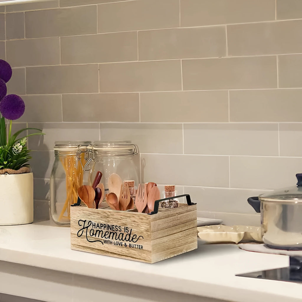 Wooden kitchen storage box with internal grid dividers for cutlery organisation