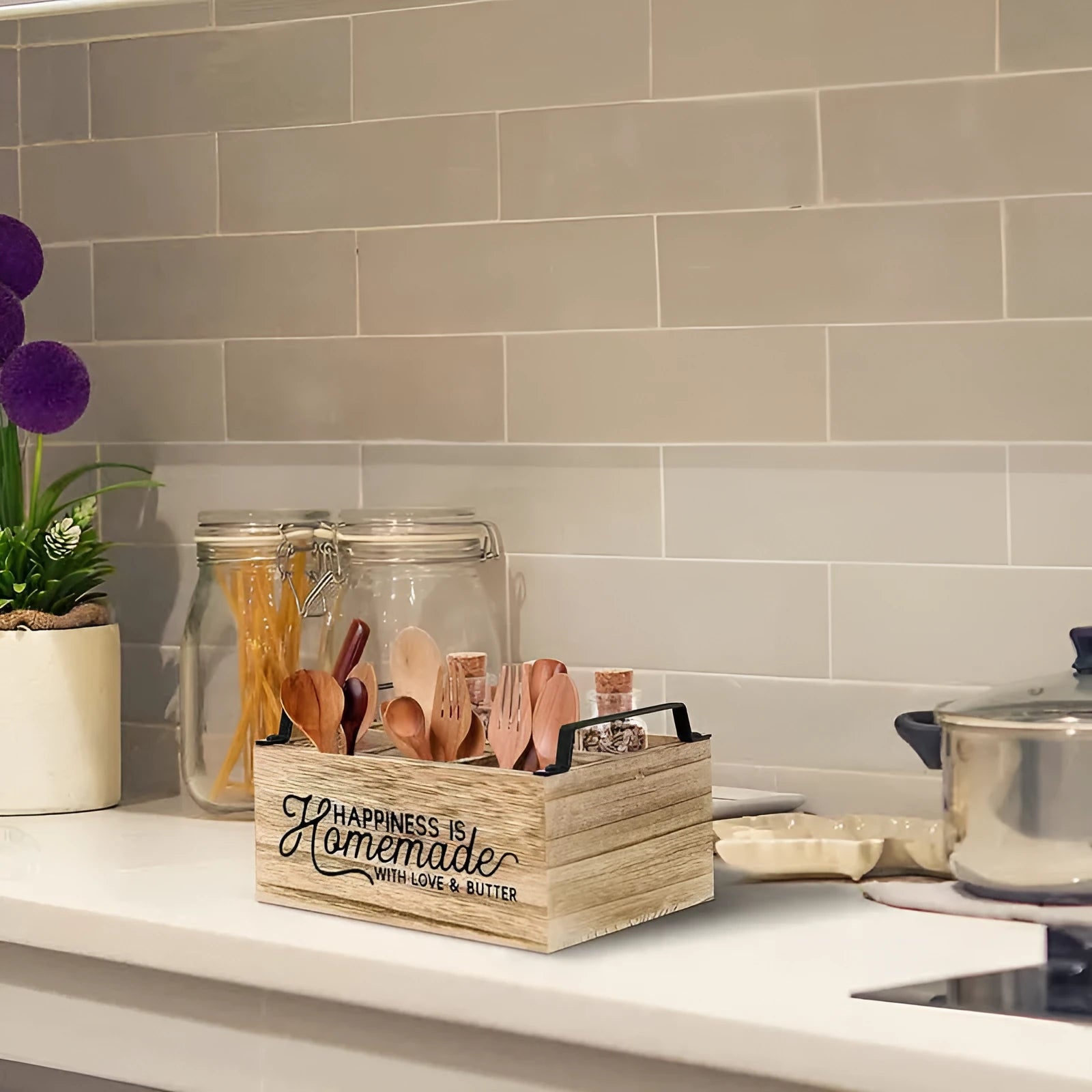 Wooden kitchen storage box with internal grid dividers for cutlery organisation