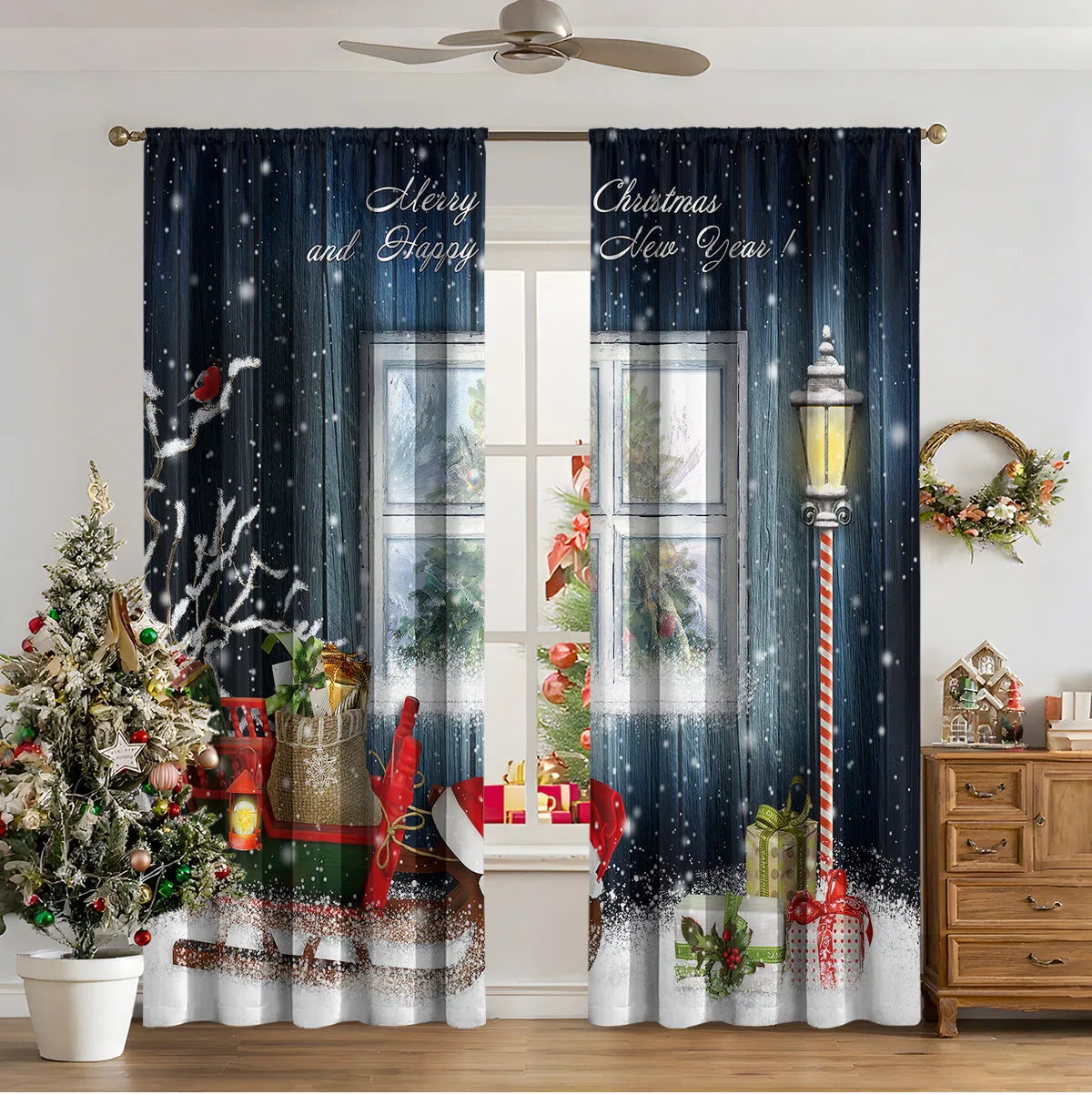 3D digitally printed Christmas curtain panel in a modern style, made from polyester fabric.