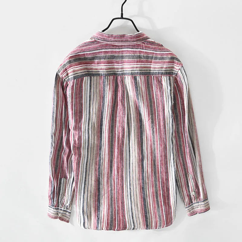 Men's striped linen shirt in red or grey with long sleeves and loose fit casual design