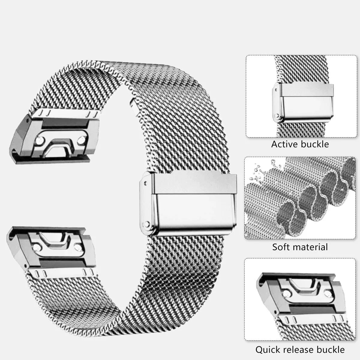 Stainless steel card-style watch strap for Garmin Fenix smartwatches in silver, black, gold, rose gold.
