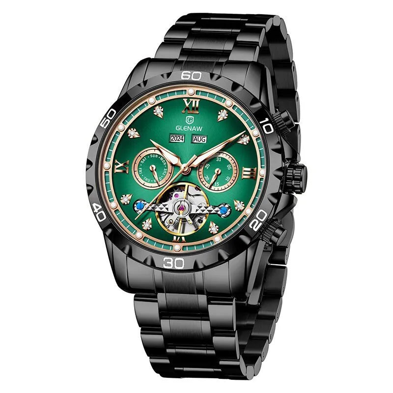 Men's automatic mechanical business watch with stainless steel strap and mineral glass face in multiple colour options