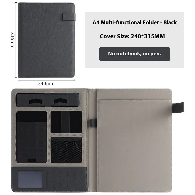 Leather A4 business folder in black showing document, pen, and notepad compartments