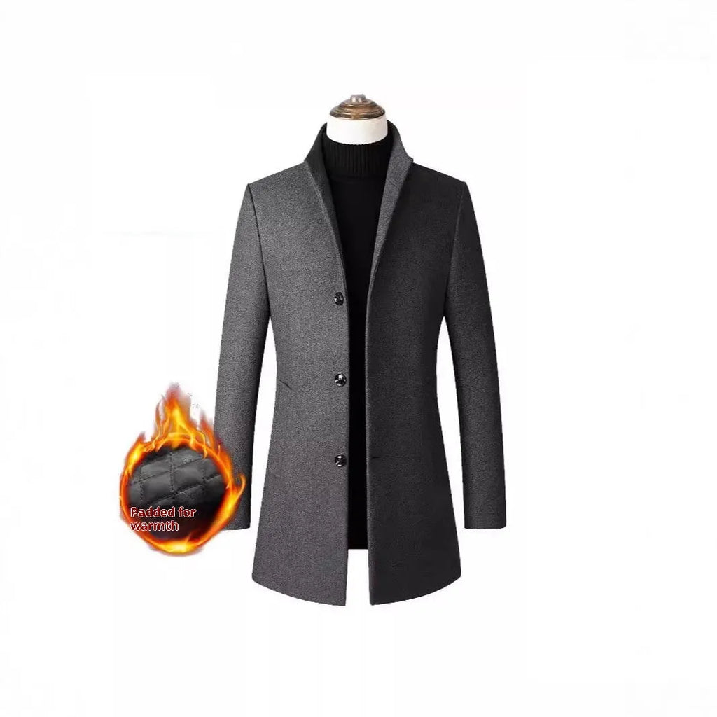 Men's single-breasted stand collar wool winter coat in solid colour front view